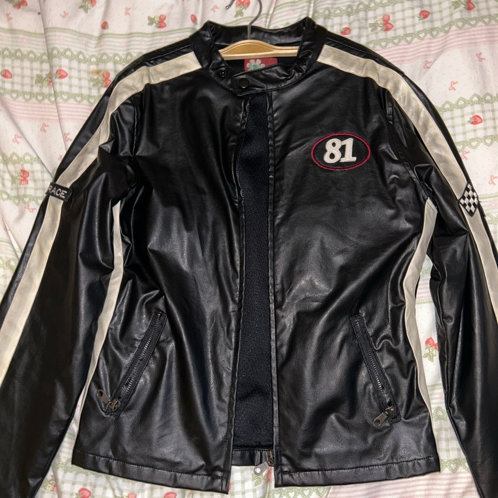 VINTAGE Erika Black and Cream Leather Racing Jacket
